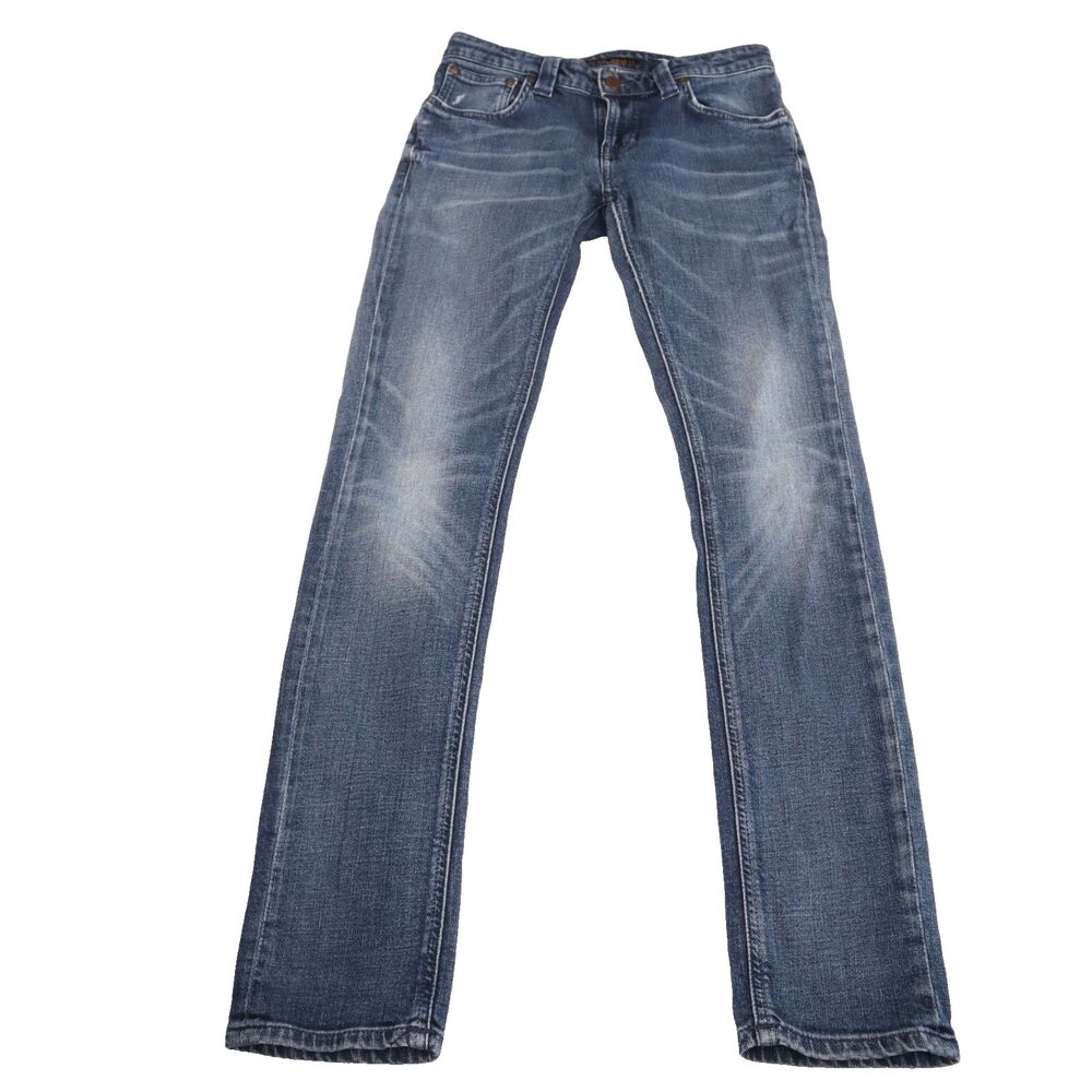 Nudie Skinny Lin Jeans Men's 27Wx30L Slim Straight Whiskered Cotton Denim Blue